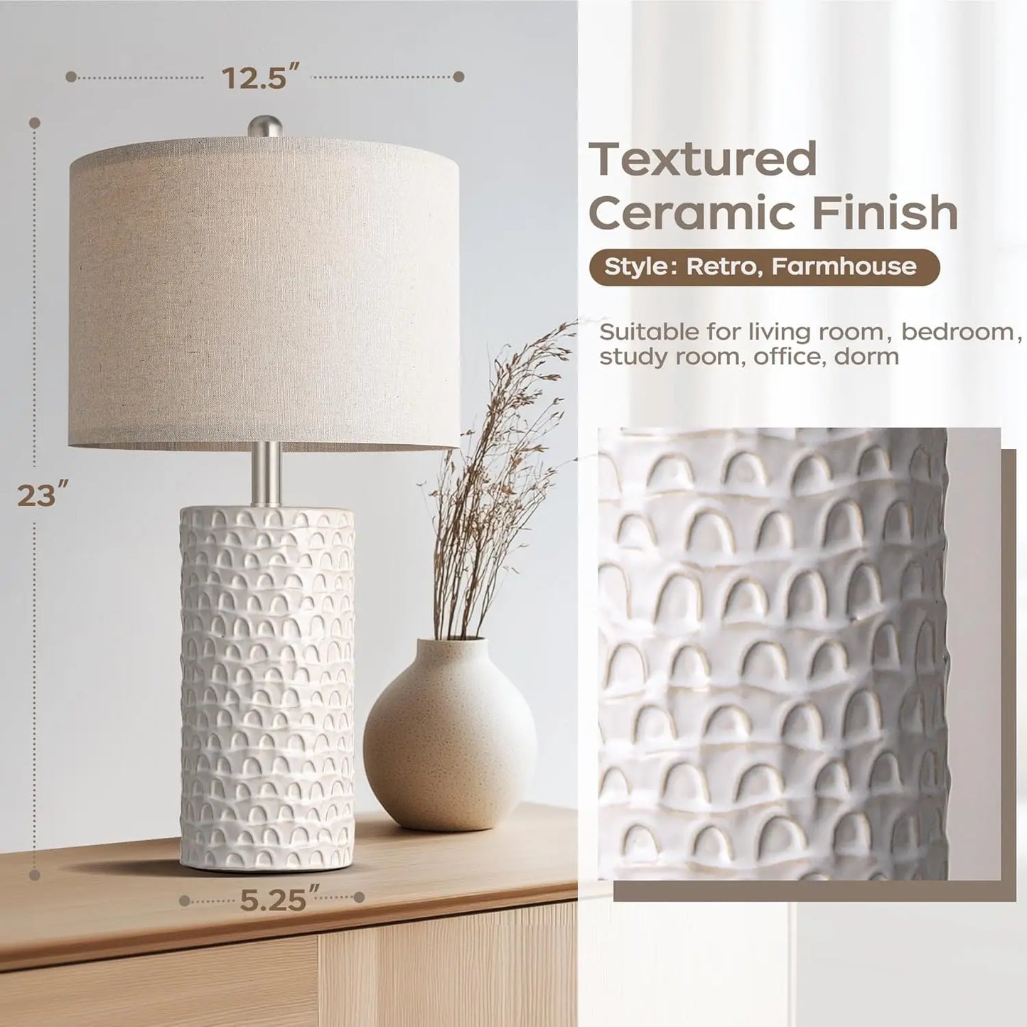 Modern Ceramic Table Lamp Set of 2, Rustic Farmhouse Lamps