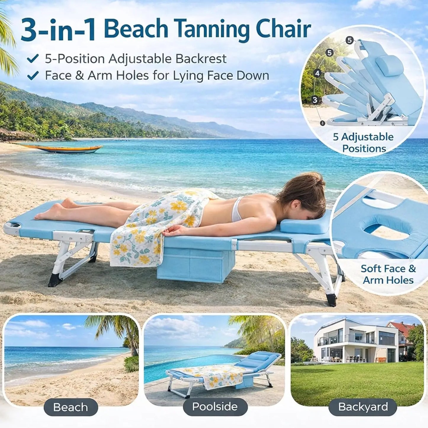 4-In-1 Outdoor Lounge Chair With Face Holes For Tanning Heavy-Duty Recliner Weather-Resistant For Poolside And RV