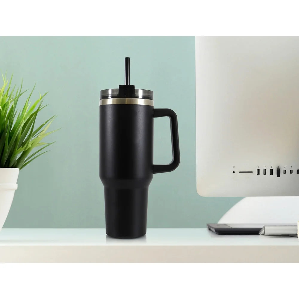 NONEDrinkware Stainless Steel Tumbler With Straw Handle DoubleWalledInsulatedHydration