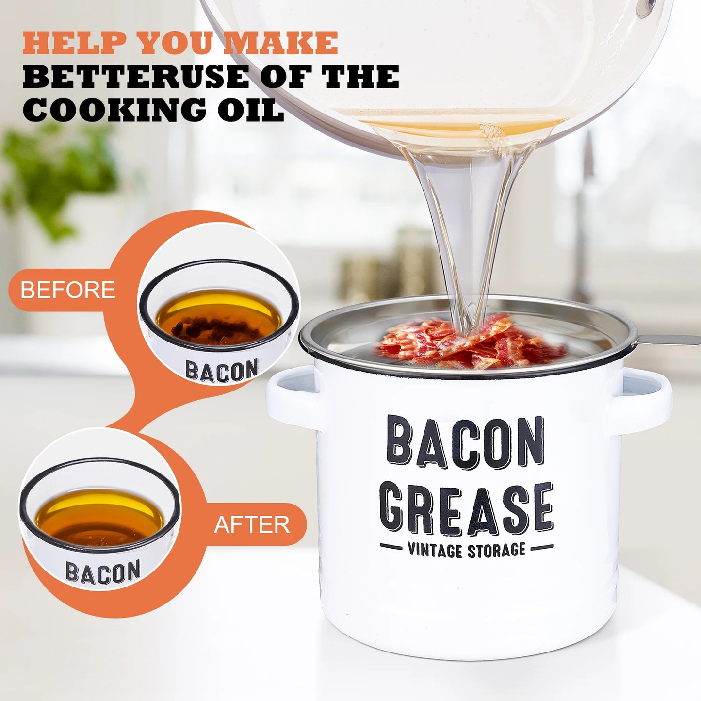 Bacon Grease Container With Built In Strainer And Lid For Mess Free Oil Storage And Reuse