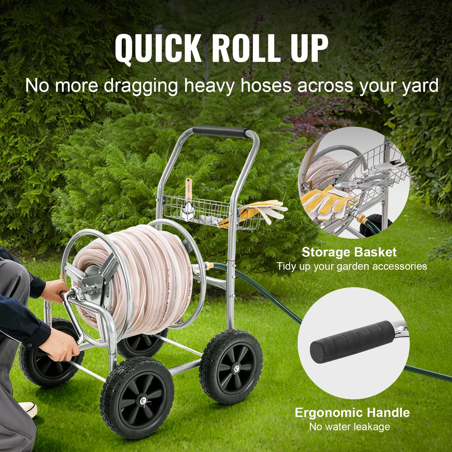 Heavy Duty Hose Reel Cart With Basket For 250 Ft Metal Garden Hose Carrier Durable Steel Frame