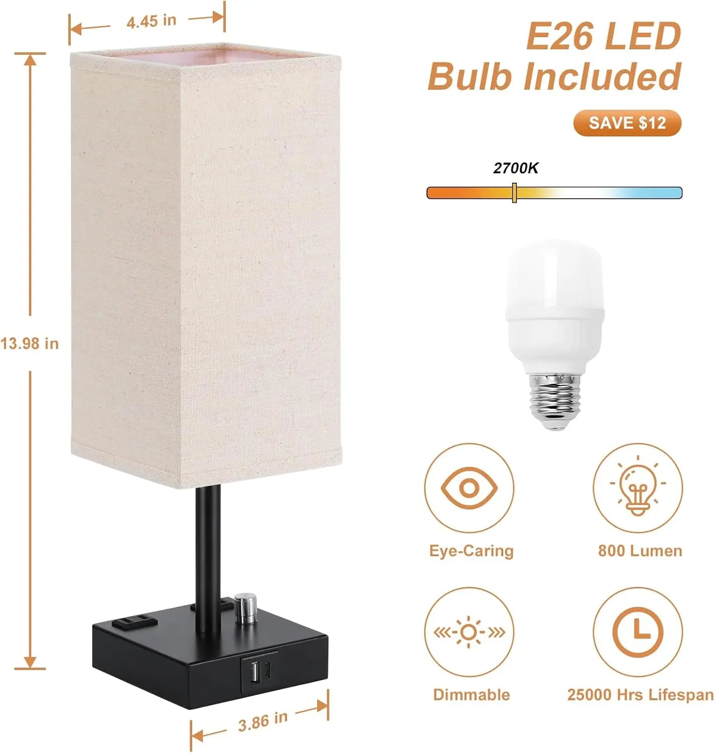 Fully Dimmable Nightstand Lamps Set of Two With USB Type C and USB Type A Ports and Dual AC Outlets