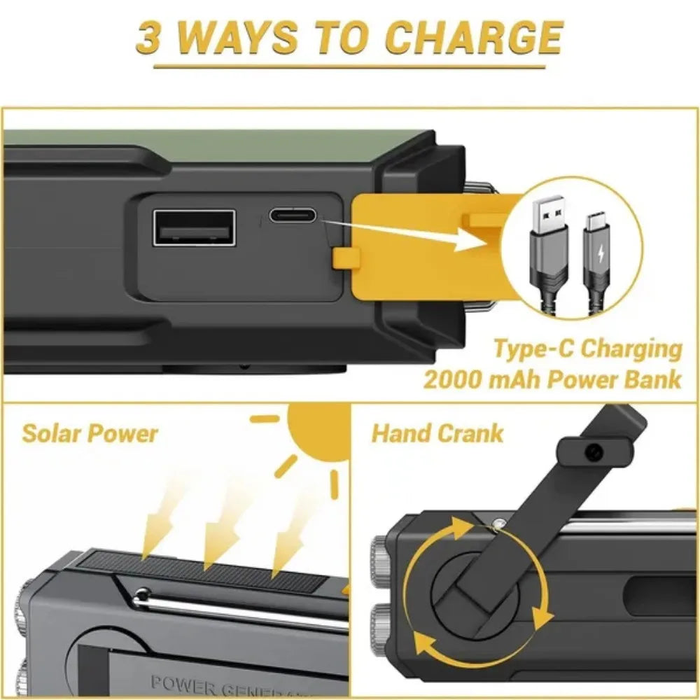 Stonego Solar Hand Crank Emergency Radio With USB Power Bank