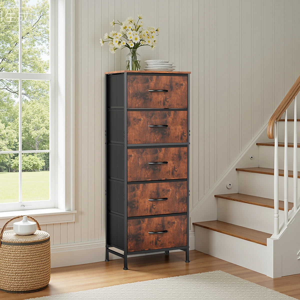 JHK Five Drawer Fabric Dresser Tall Bedroom Storage Organizer