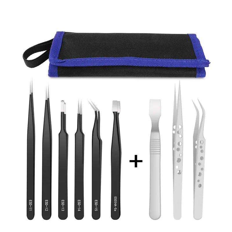9 Pcs Stainless Steel Anti-Static Precision Tweezers Set