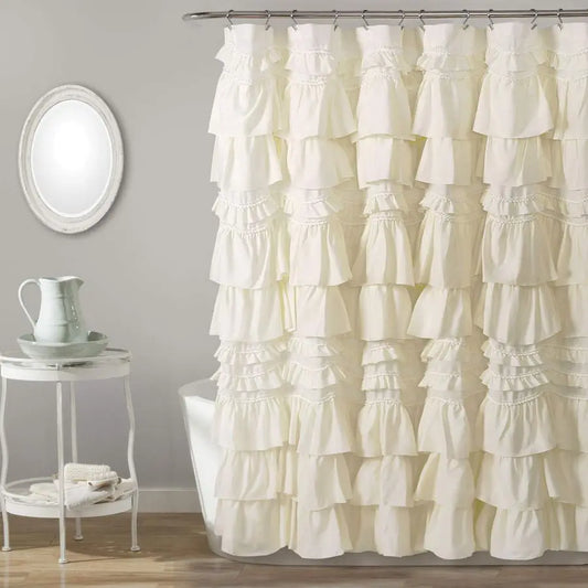 Ruffled Shower Curtain Polyester Nonwoven Fabric For Bathroom With Pom Pom Trim 72 By 72 Inches