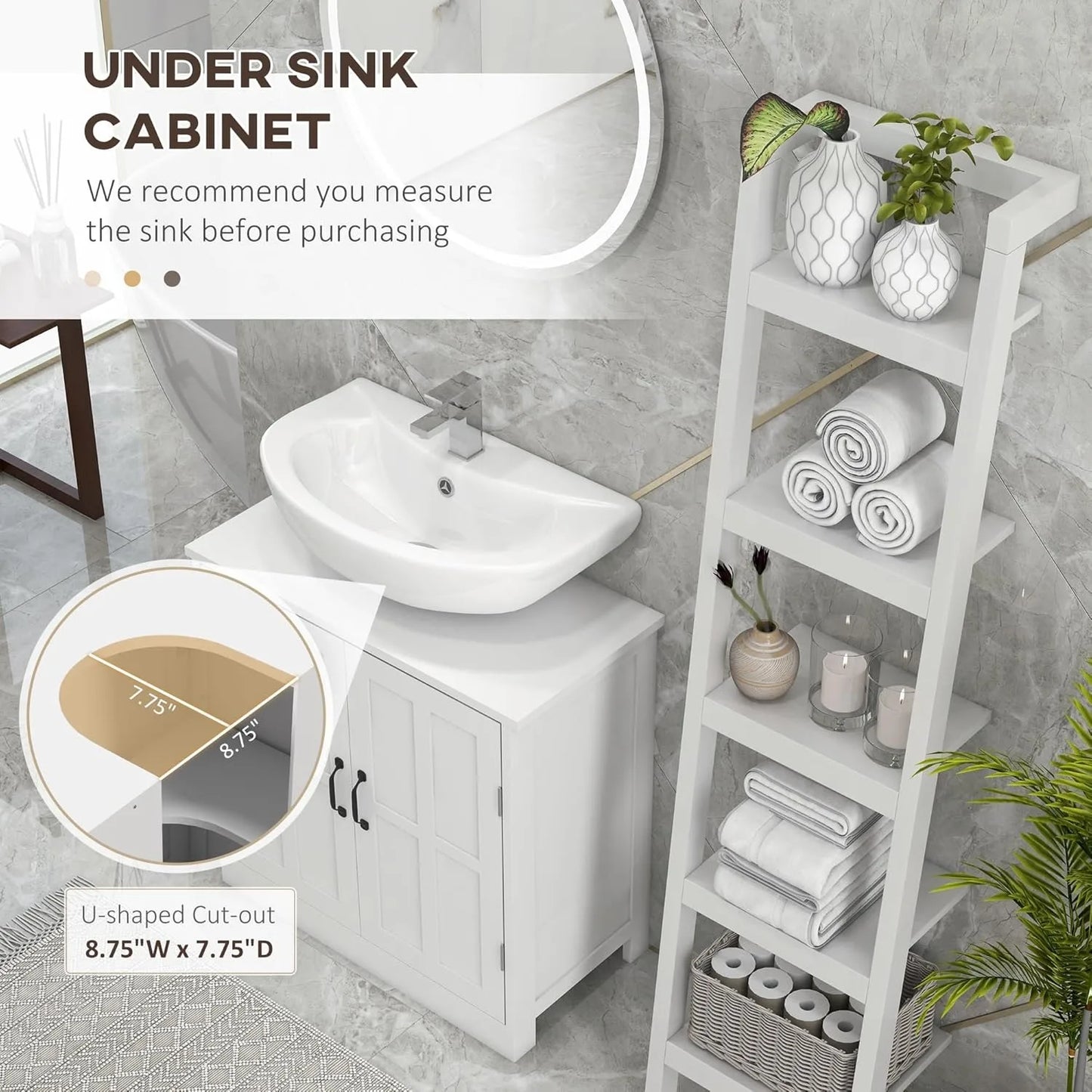 Pedestal Sink Storage Cabinet, Under Sink Cabinet with 2 Doors and Adjustable Shelf, Bathroom Vanity with U-Shape Cut-Out, White