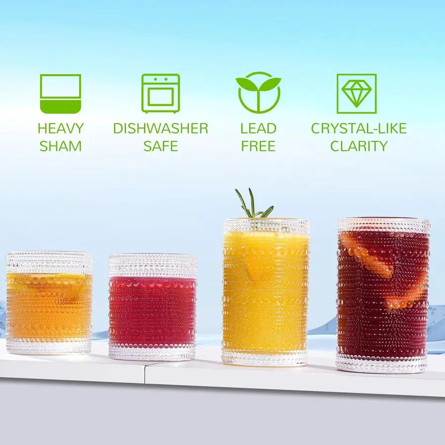 Hobnail Drinking Glasses Set of 1214 oz Old Fashioned Water Glass Cups amp 11 oz Cocktail Glasses, Aesthetic Kitchen Bar Tumbler