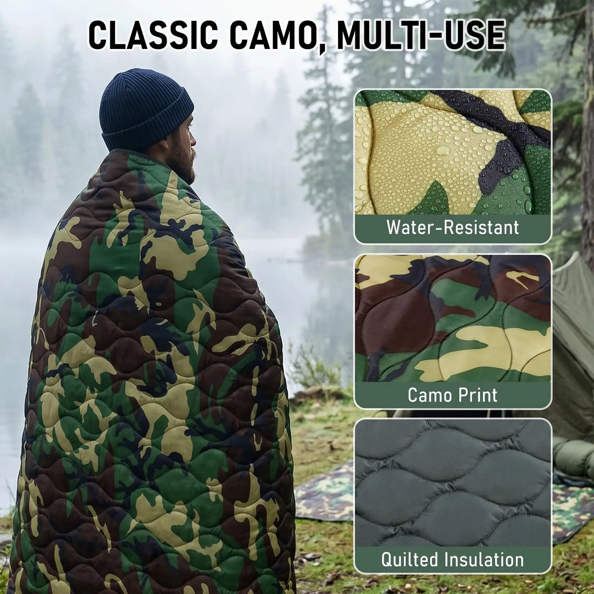 Portable Quilted Camping Blanket Green Camo Survival Poncho Liner】【。