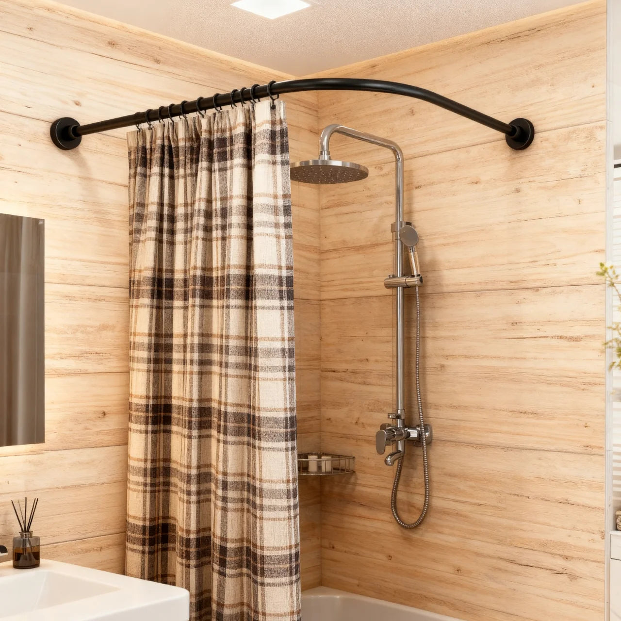Telescopic L-Shape Shower Curtain Rail No-Drilling Corner Install Stainless Steel