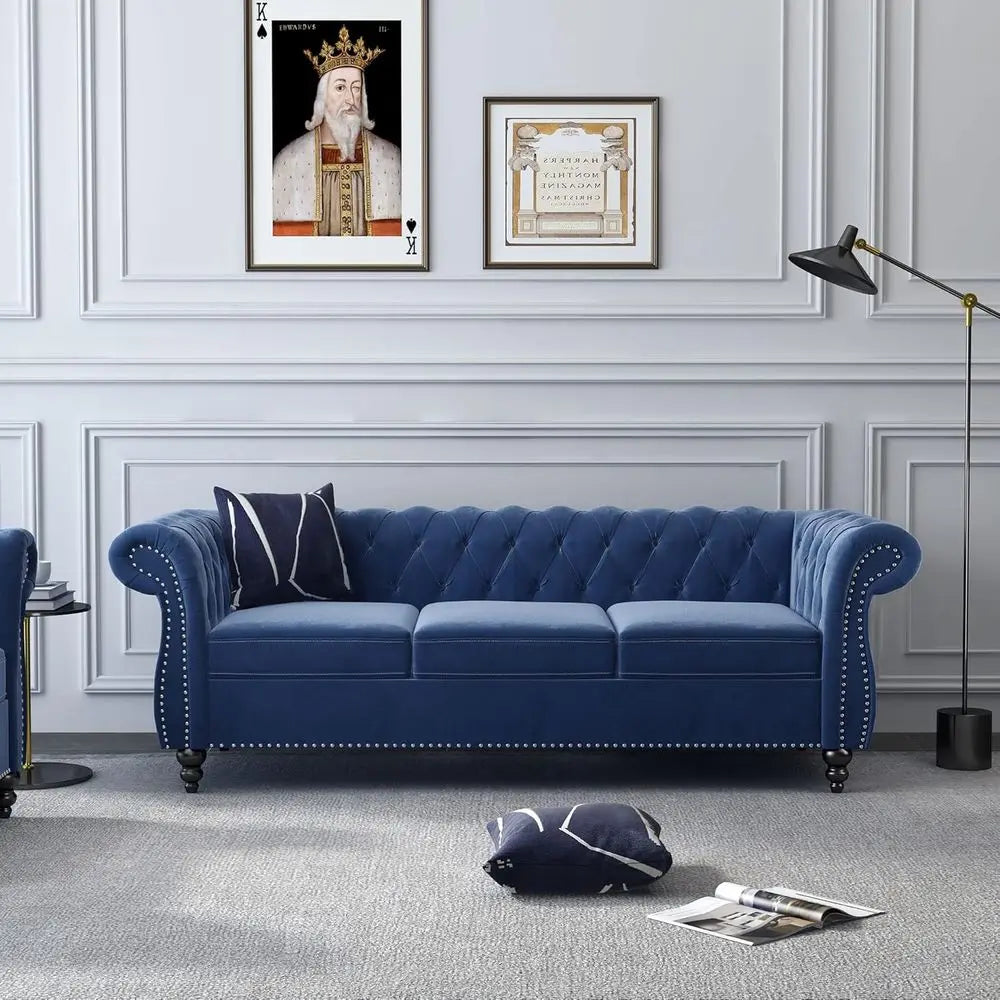 Elegant Scroll Arm Loveseat and Sofa Set for Living Room and Den With Chesterfield Button Tufting and Nailhead Accents
