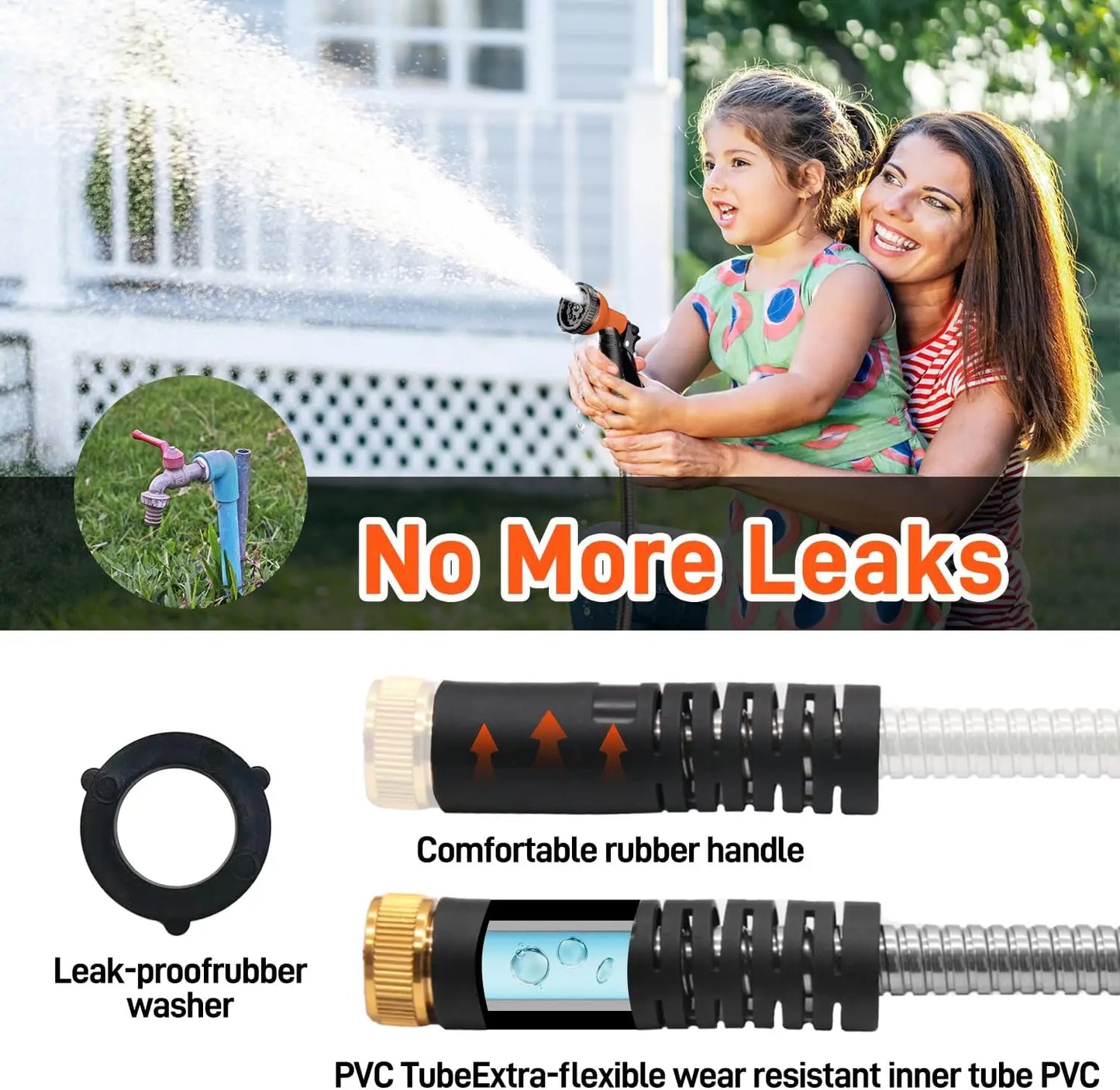 Stainless Steel Garden Hose with 10 Function Adjustable Spray Nozzle