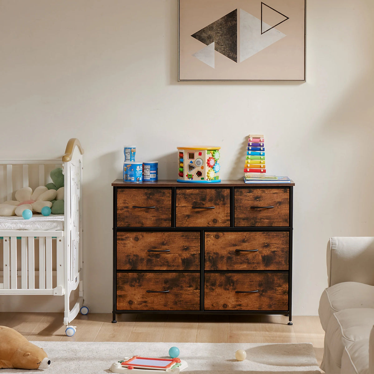 Six Compartment Fabric Storage Cabinet Organizer With Wooden Top Metal Frame
