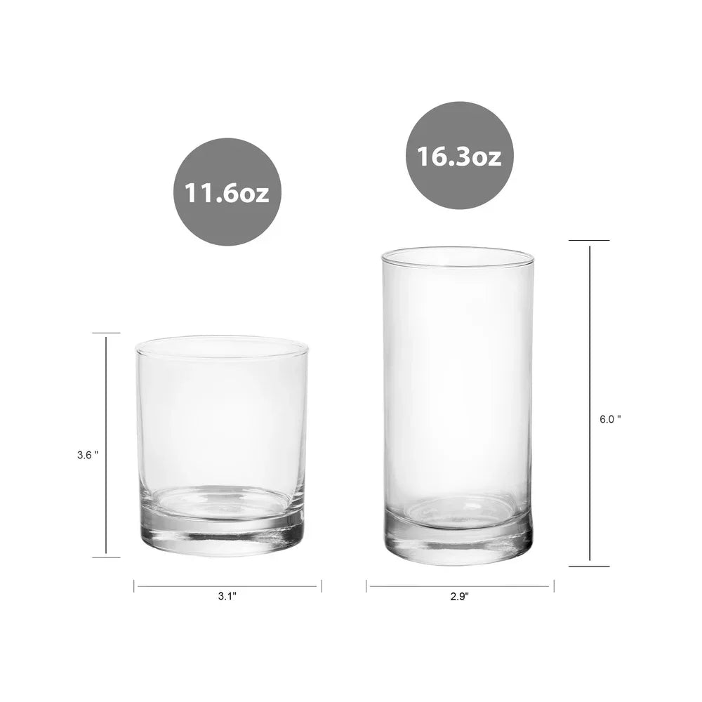 12 Piece Clear Glass Drinkware Set With Six 16 Ounce Cooler Glasses And Six 11 Ounce Rock Glasses For Juices And Water