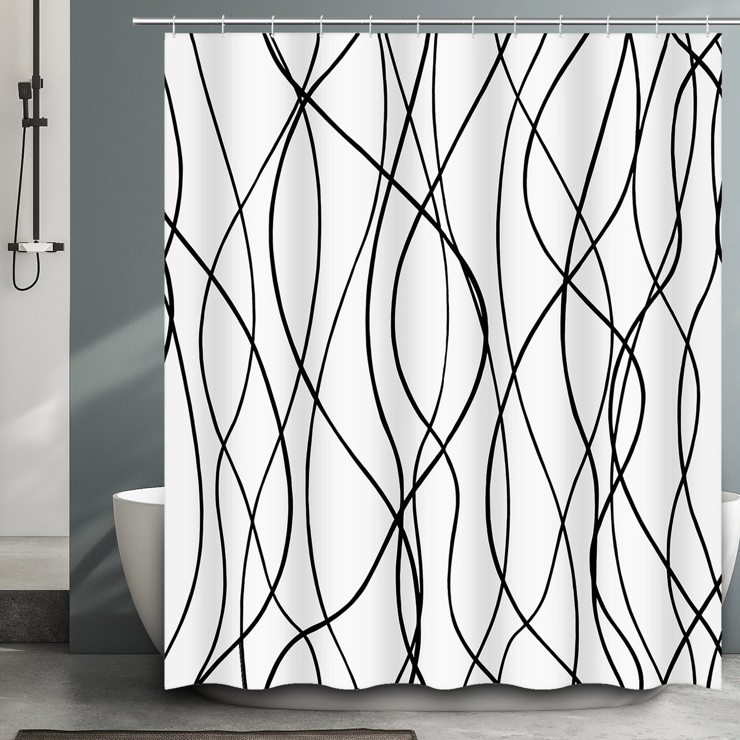 Striped Wavy Line Shower Curtain Polyester Set With 12 Hooks