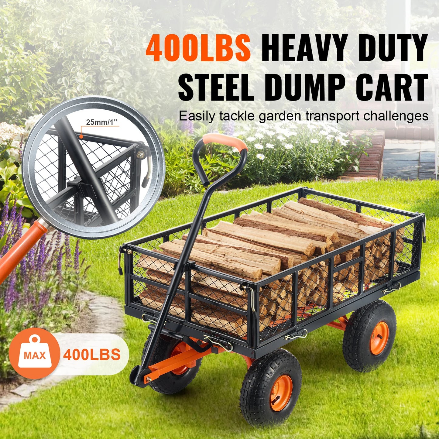SucceBuy Garden Cart Dump Cart Heavy Duty Utility Wagon 400 Lb Load Capacity 2.1 Cu Ft Cargo Space Metal Frame