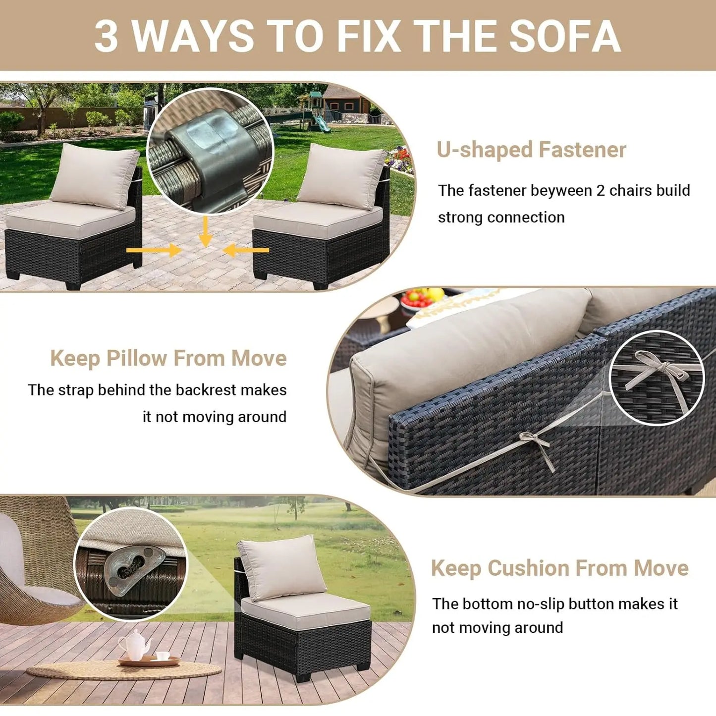 8-Piece Patio Furniture Set, All-Weather Outdoor Wicker Sectional Sofa with Cushions, Glass Table & Left and Right, Customized