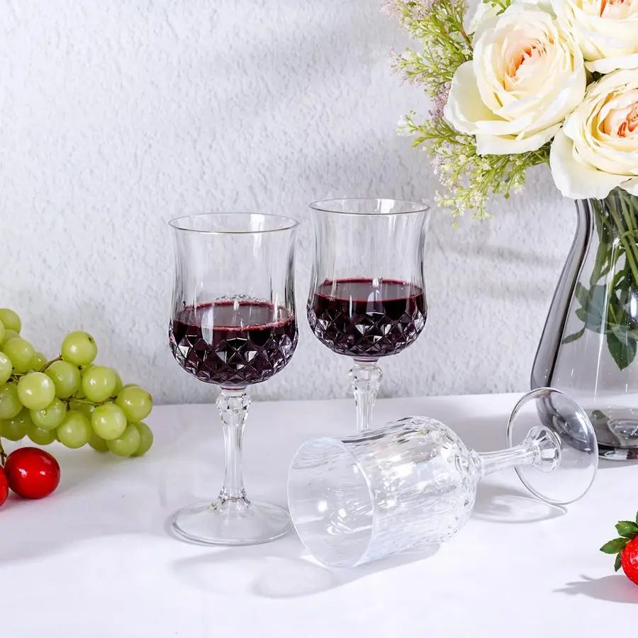 Plastic Wine Glasses 24 Piece Set Disposable Stemmed Goblets With Crystal Like Diamond Pattern 7 Oz