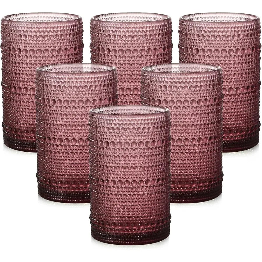 Vintage Hobnail Glassware Six-Piece Set With Handcrafted Embossed Purple Motif-Design