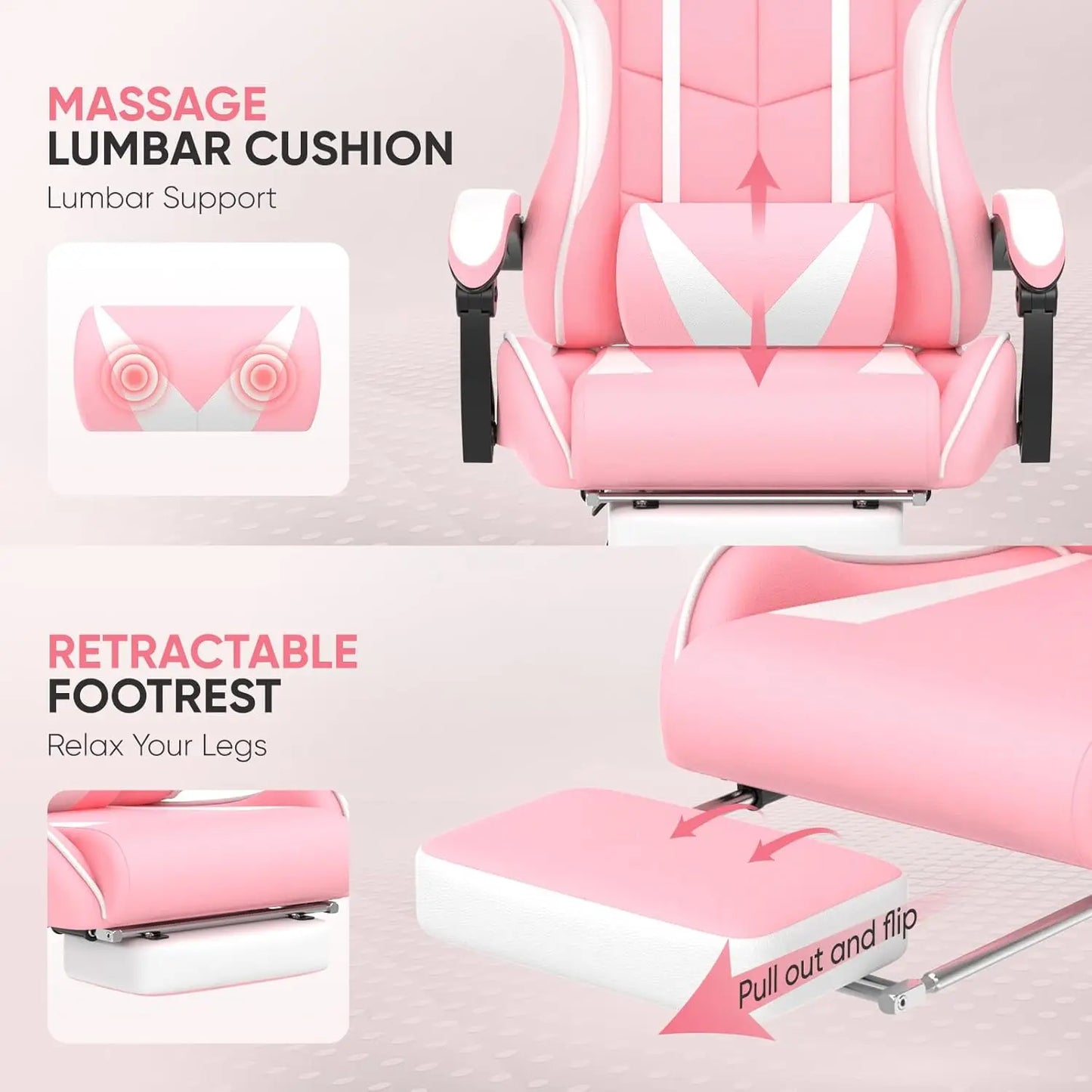 Pink Ergonomic Gaming Chair with Bunny Ears Footrest Headrest Lumbar Support for Home Office PC, Customized