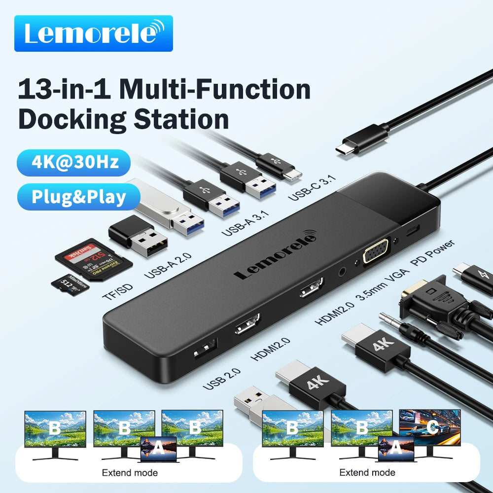 Lemorele 13 In 1 USB C Hub With PD100W Dock Dual HDMI 4K 30Hz And VGA For Triple Display On Compatible Laptops