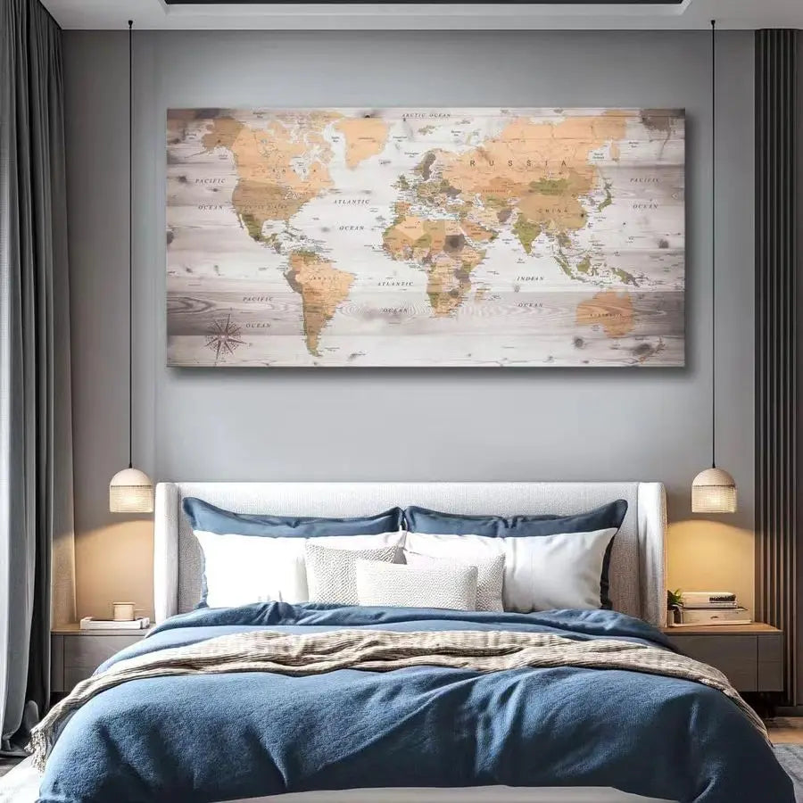 World Map Framed Wall Art Print On Cotton Fabric Ready To Hang For Modern Homes Interiors