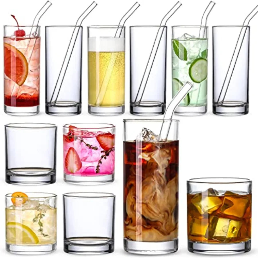 12 Pack Highball Glass Cups With Reusable Straws For Everyday Use Set Perfect For Water Juice Iced Tea Cocktails
