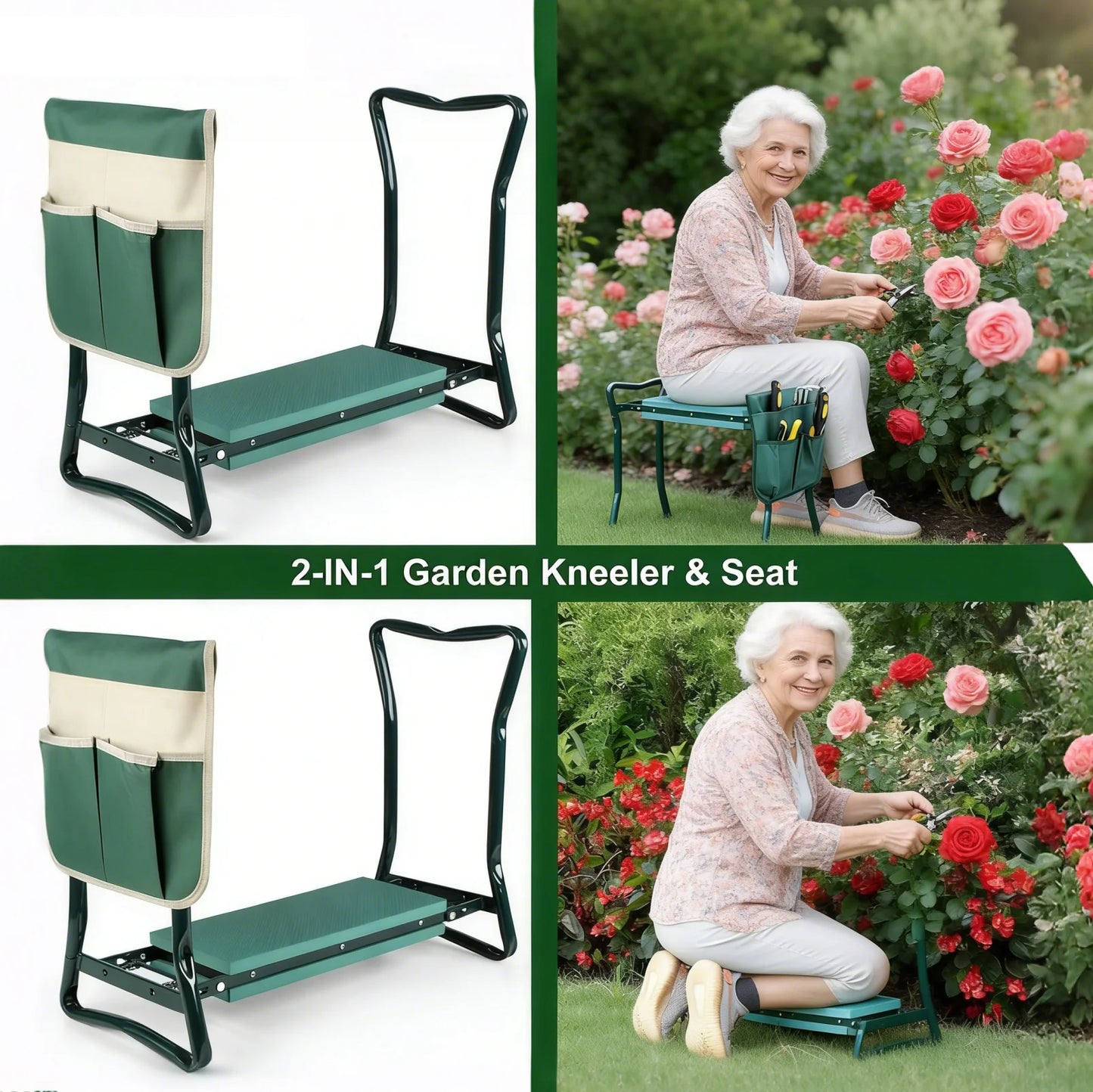 Collapsible 2 In 1 Garden Kneeler And Seat With Bag Flip Design Supports Up To 330 Lbs Folds Flat For Easy Storage