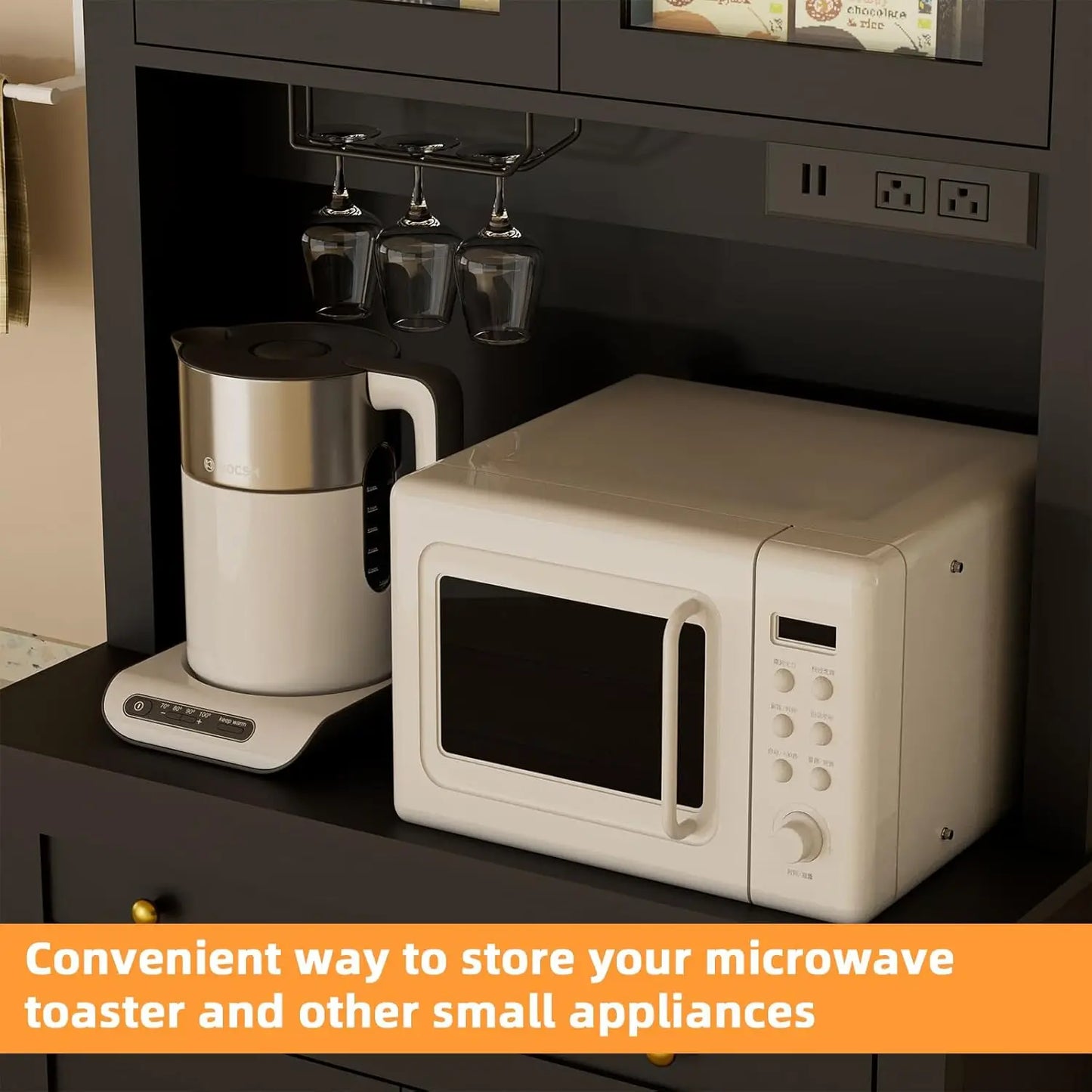 Black Kitchen Pantry Cabinet with LED Light, Power Outlets & Microwave Shelf, 72' Storage Cabinet