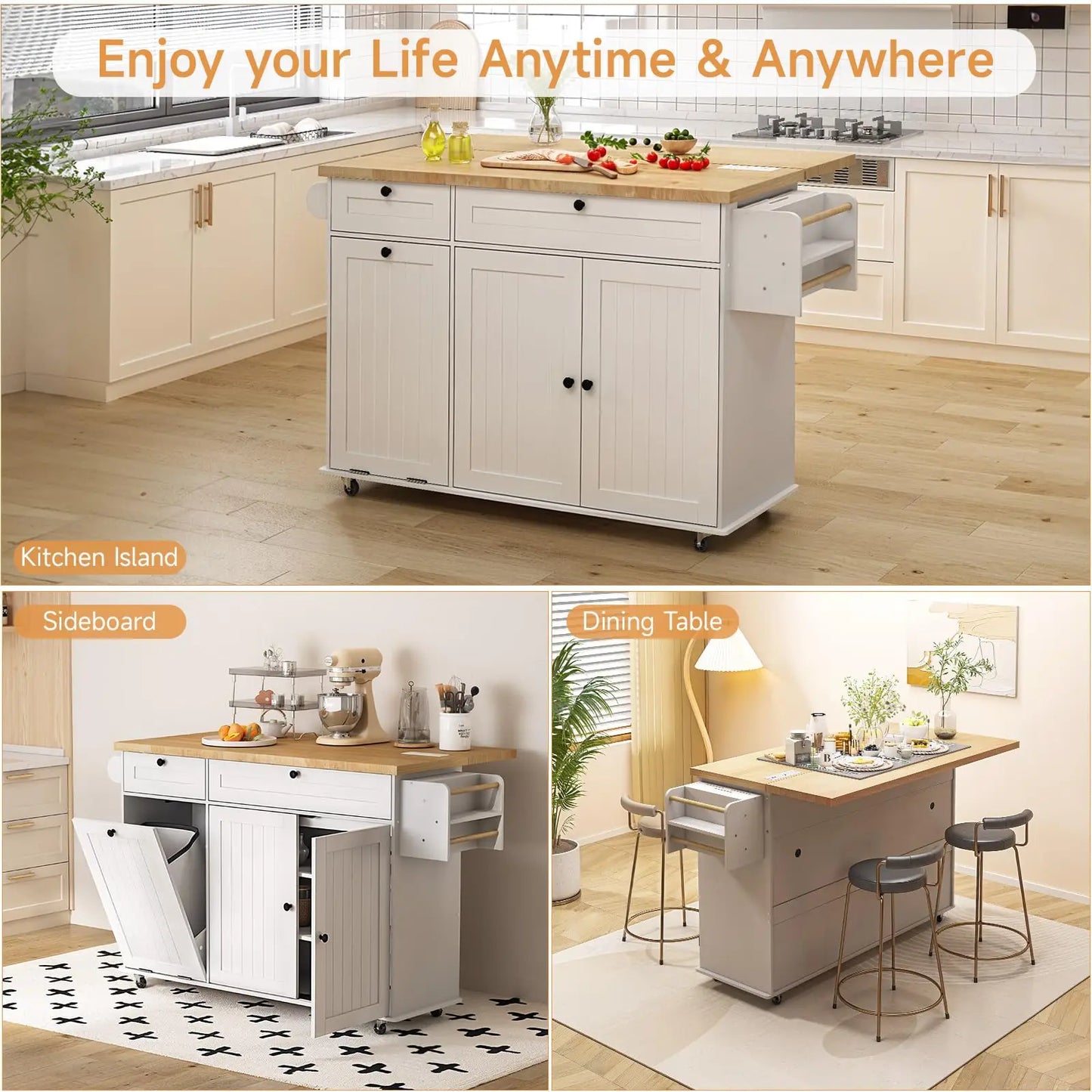 ONBRILL Mobile Kitchen Island Cart With Power Outlet SpiceRackWithTowelRackAndStorageDrawer