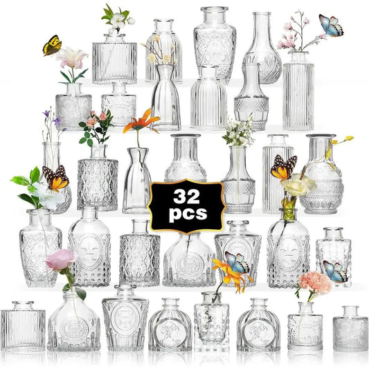 32 Piece Glass Bud Vase Set With Etched Patterns Vintage Charm For Weddings And Events Centerpiece Collection