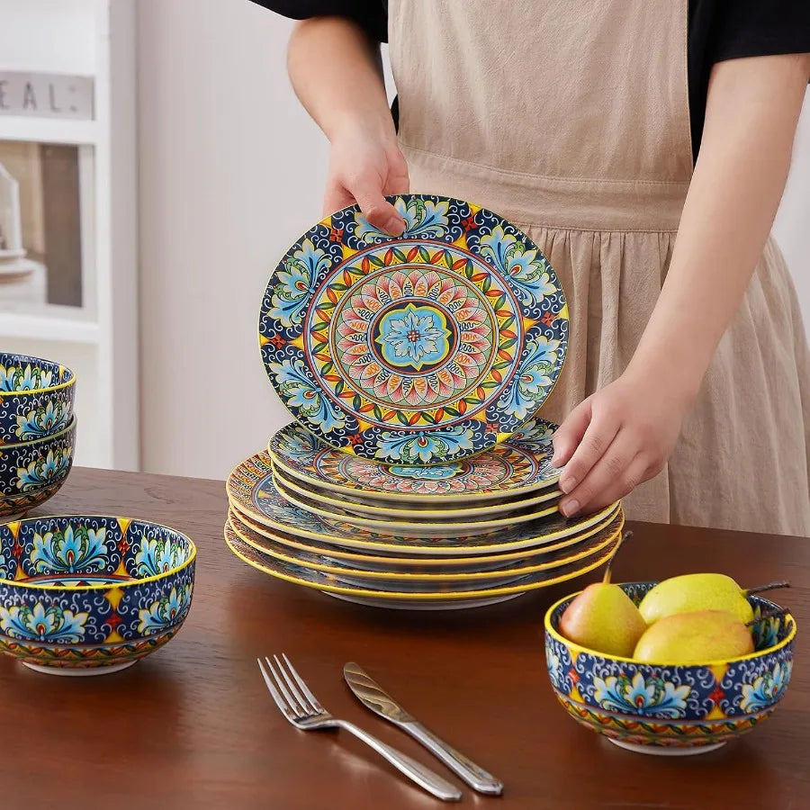 12 Pieces Dinnerware Sets Yellow Plates and Bowls Set Porcelain Dishes Set for 4 Microwave and Dishwasher Safe Scratch Resistan