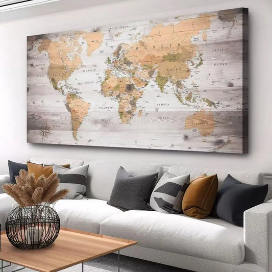 World Map Framed Wall Art Print On Cotton Fabric Ready To Hang For Modern Homes Interiors