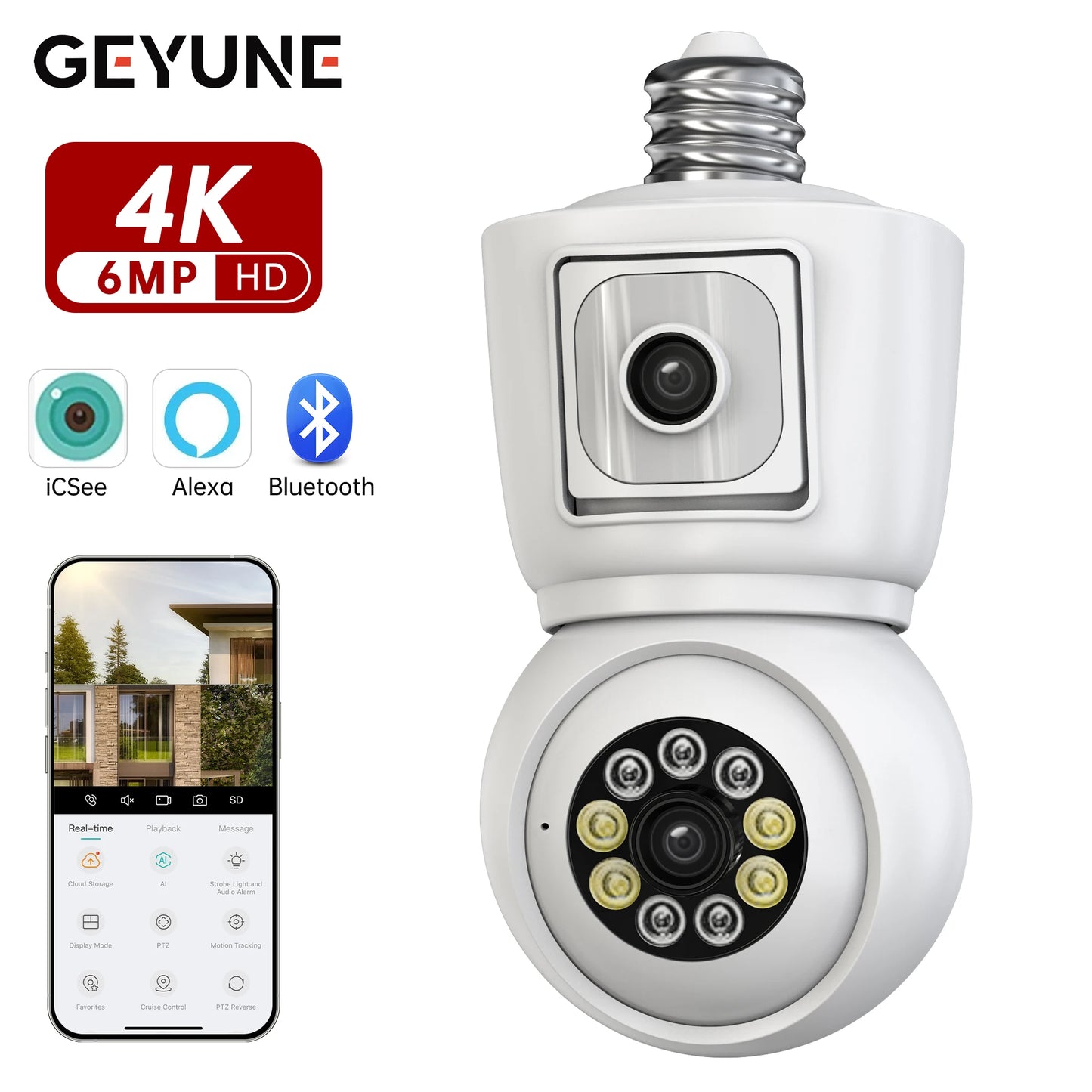 SECUEY 8MP E27 Bulb WiFi Camera 4K Dual Lens Auto Tracking Night Vision CCTV Security
