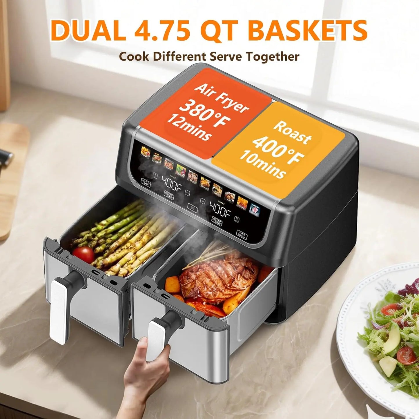 Dual Basket Air Fryer With Independent Temperature Control And Twin 4.75 Qt Baskets