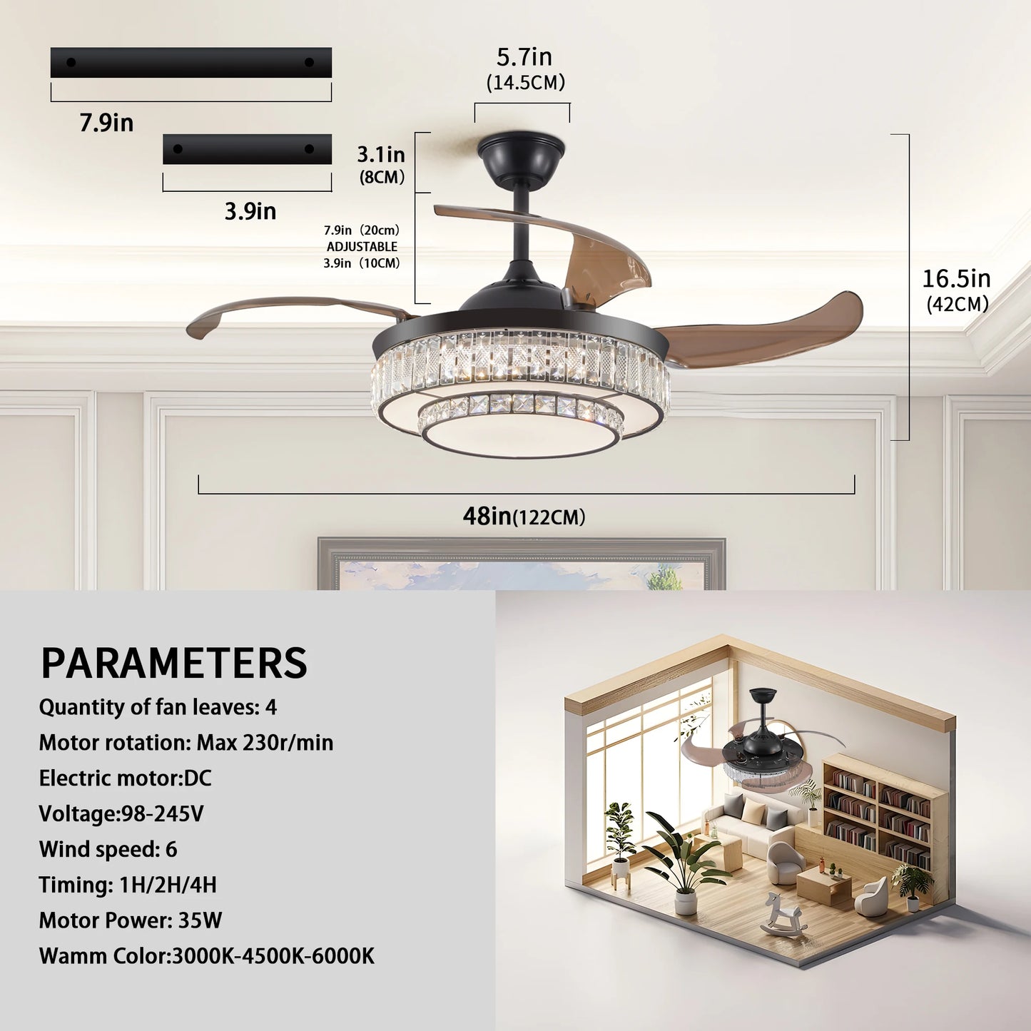 ARLGSITE Luxurious Crystal Ceiling Fan Light Remote Control Timer