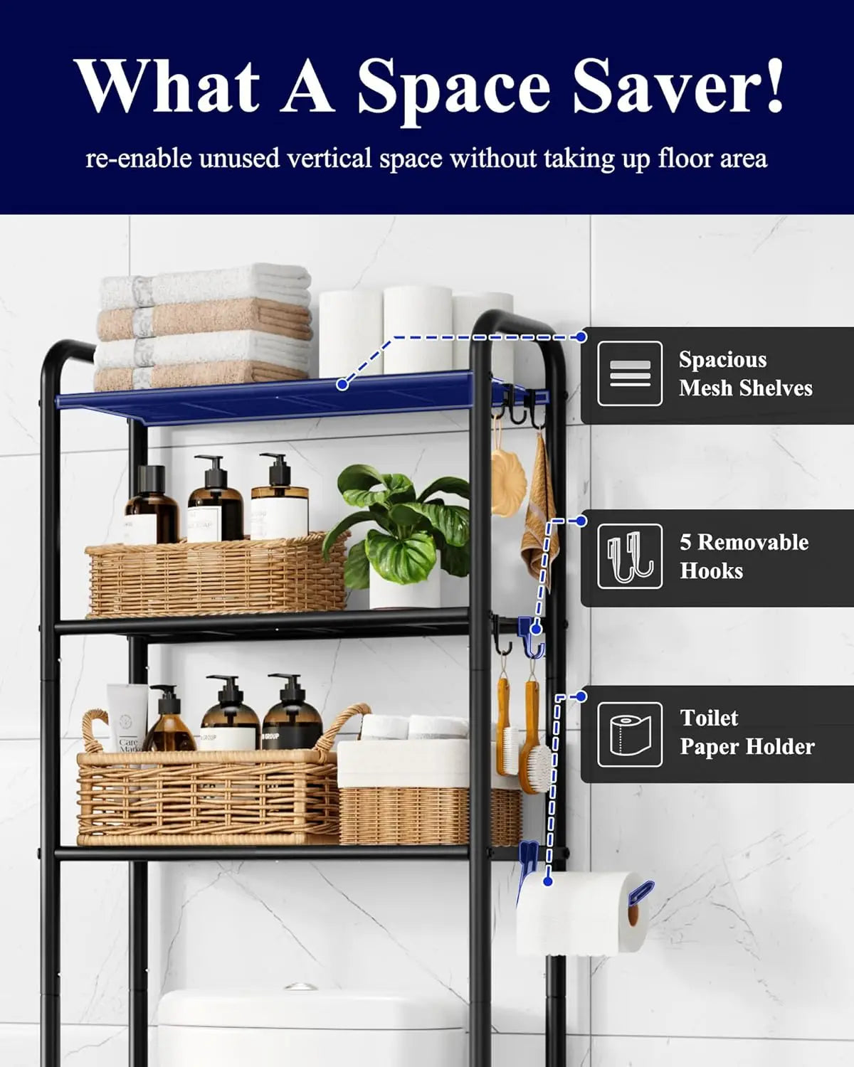 Over Toilet Storage Rack with Paper Holder and Hooks, 3-Tier Metal Bathroom Organizer Shelf in Black (63.2" H)