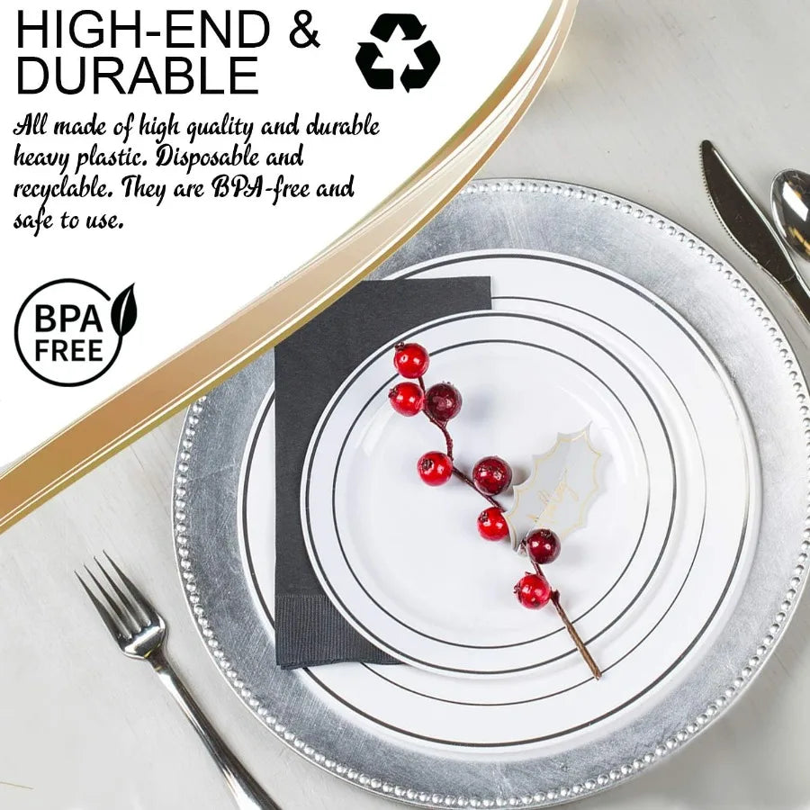 Set for 60 Guest White Elegant Plastic Plates Disposable with Silverware, Fancy Dinnerware for Weddings, Party & Holidays, Dinne