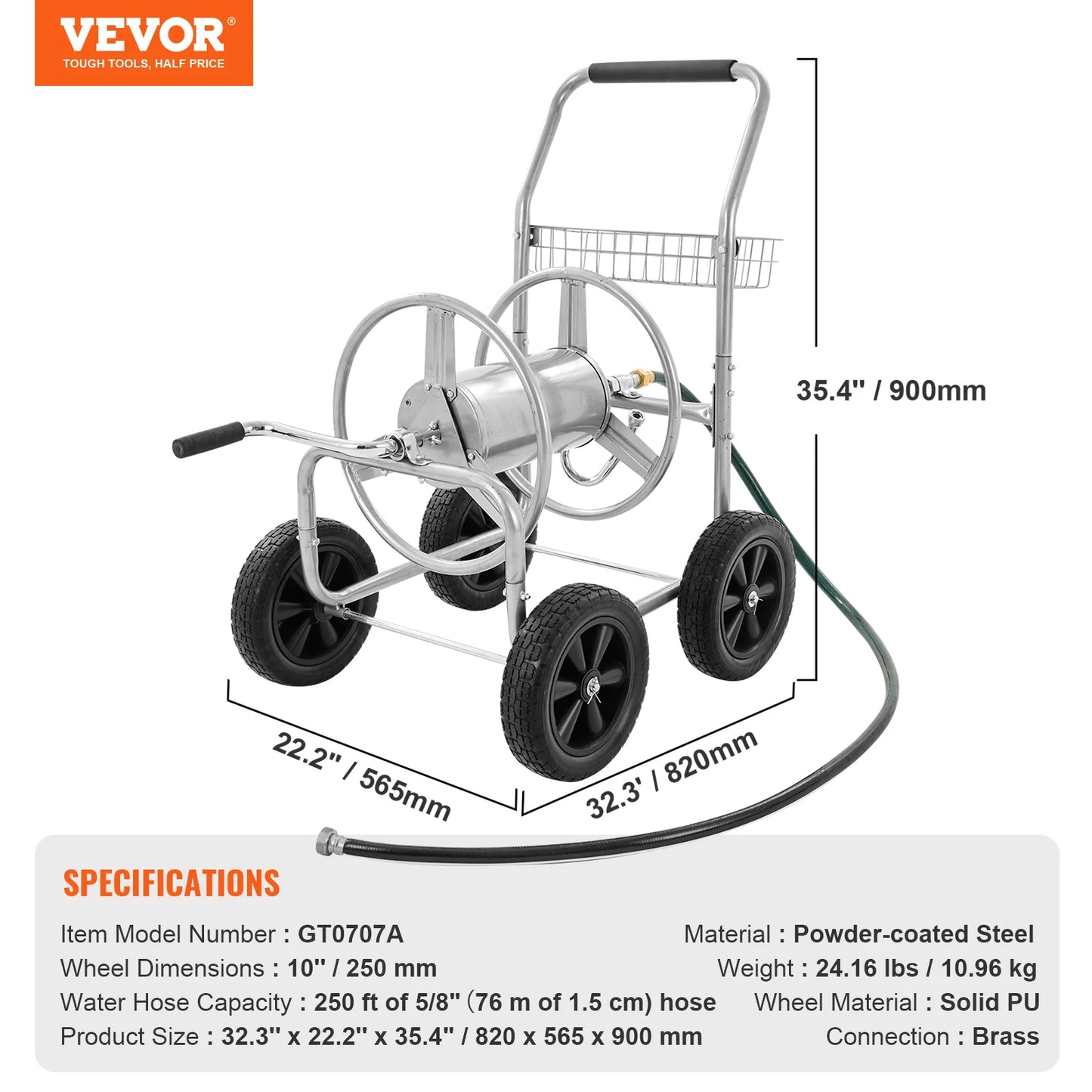 Heavy Duty Hose Reel Cart With Basket For 250 Ft Metal Garden Hose Carrier Durable Steel Frame