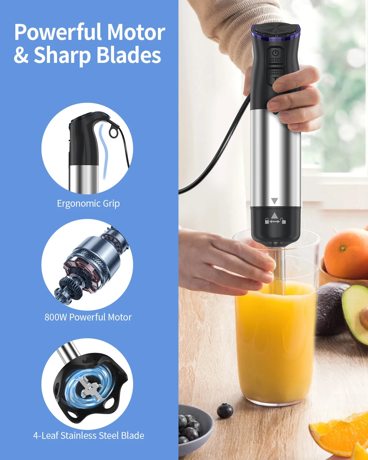 ZHIYU 1000W Electric Immersion Handheld Blender Five In One Kitchen Appliance With Stainless Steel Blades