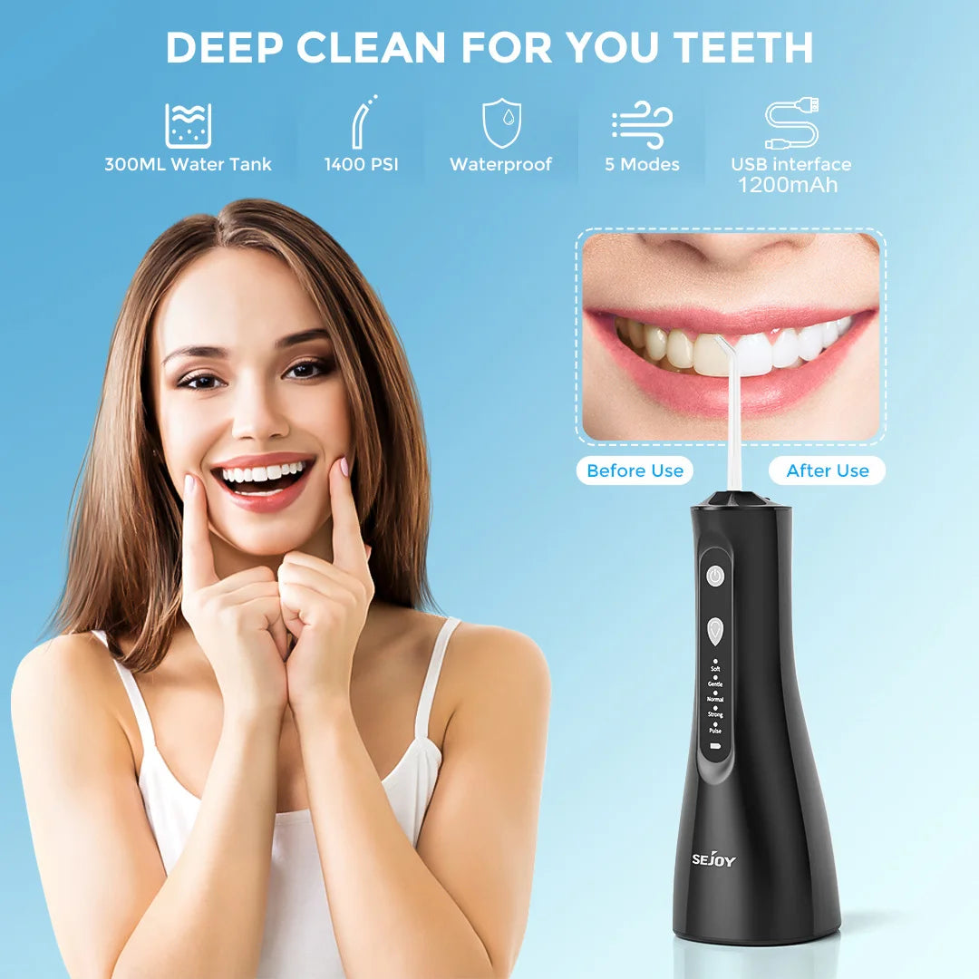 SEJOY Portable Water Flosser Irrigator With 5 Jet Tips