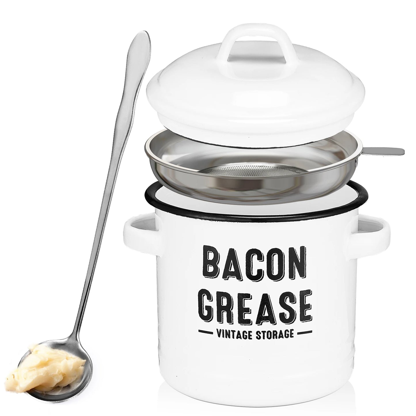 Bacon Grease Container With Built In Strainer And Lid For Mess Free Oil Storage And Reuse