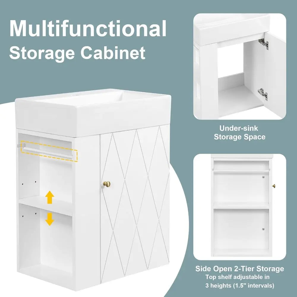 20 Floating Wall-Mounted Bathroom Vanity with Ceramic Sink, Adjustable Shelf, Toilet Paper Holder, Modern Style, Door with Diamo