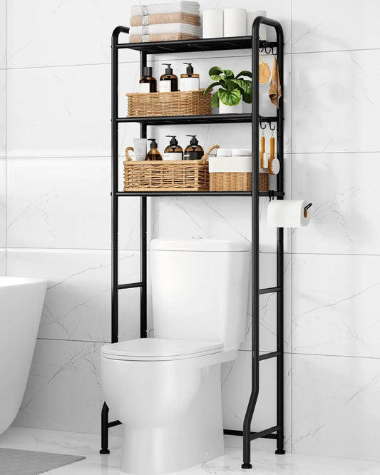 Over Toilet Storage Rack with Paper Holder and Hooks, 3-Tier Metal Bathroom Organizer Shelf in Black (63.2" H)