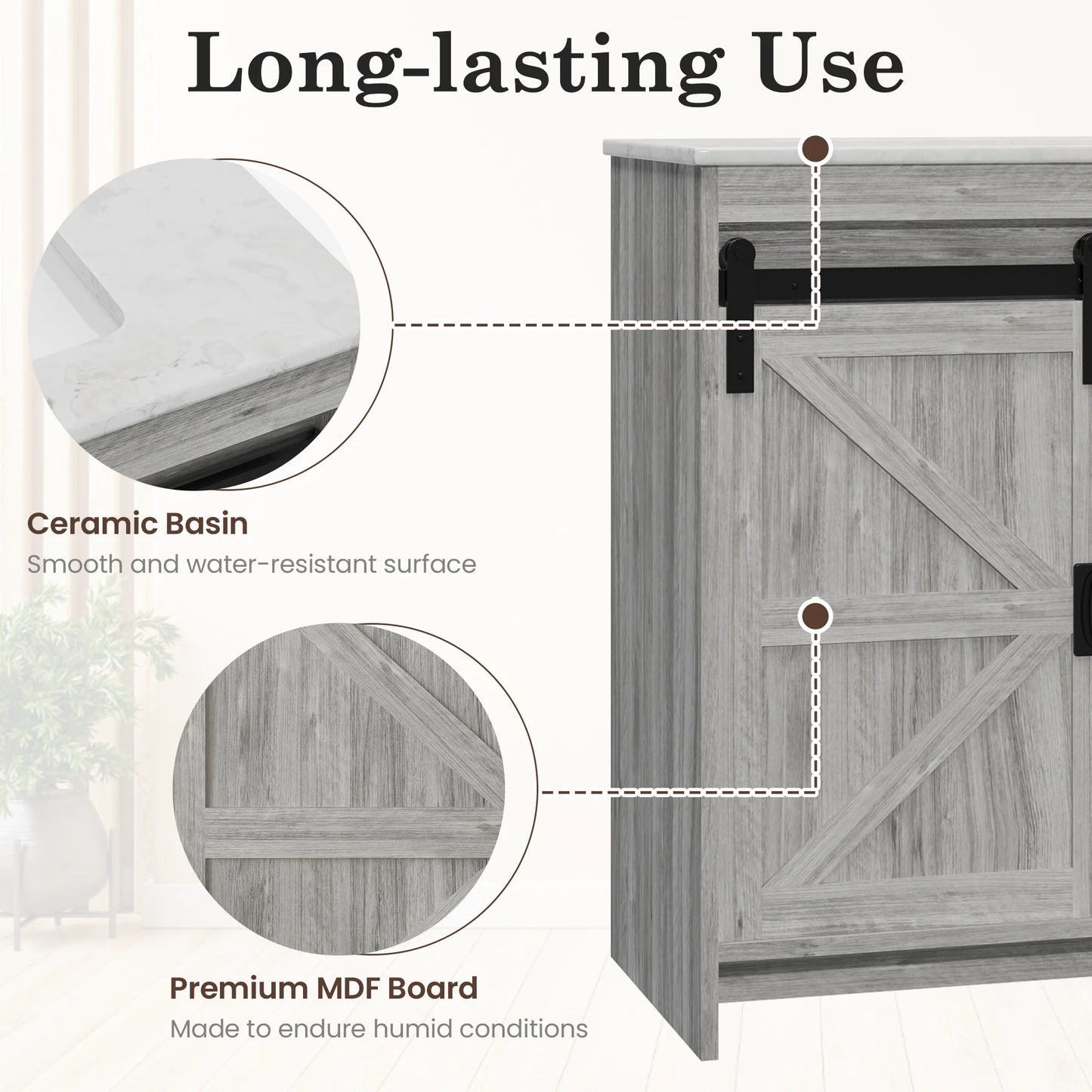 30" Farmhouse Single Bathroom Vanity with Ceramic Top, Sliding Barn Door Sink Vanity, Gray