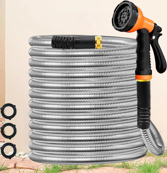 Stainless Steel Garden Hose with 10 Function Adjustable Spray Nozzle