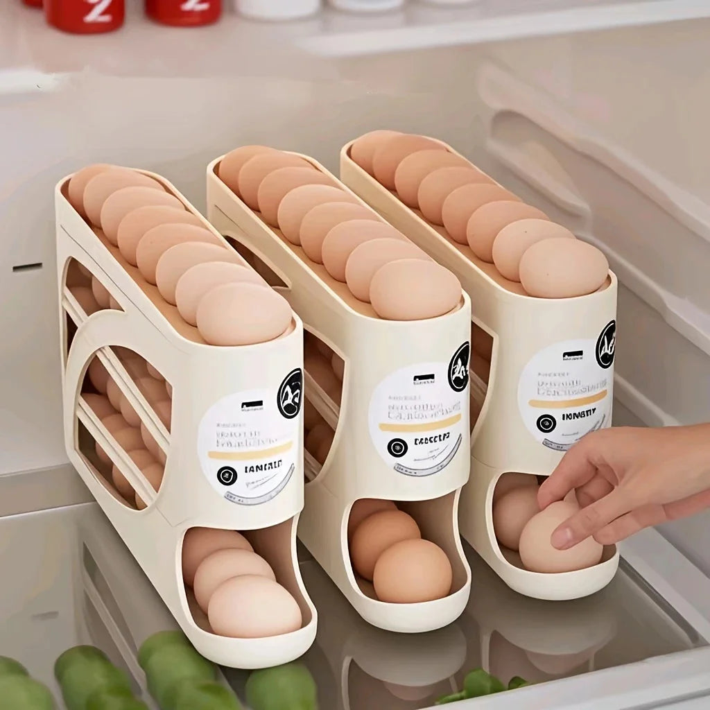 3 Tier Rolling Egg Storage Container For Refrigerator Organizer With Sliding Bottom Tray