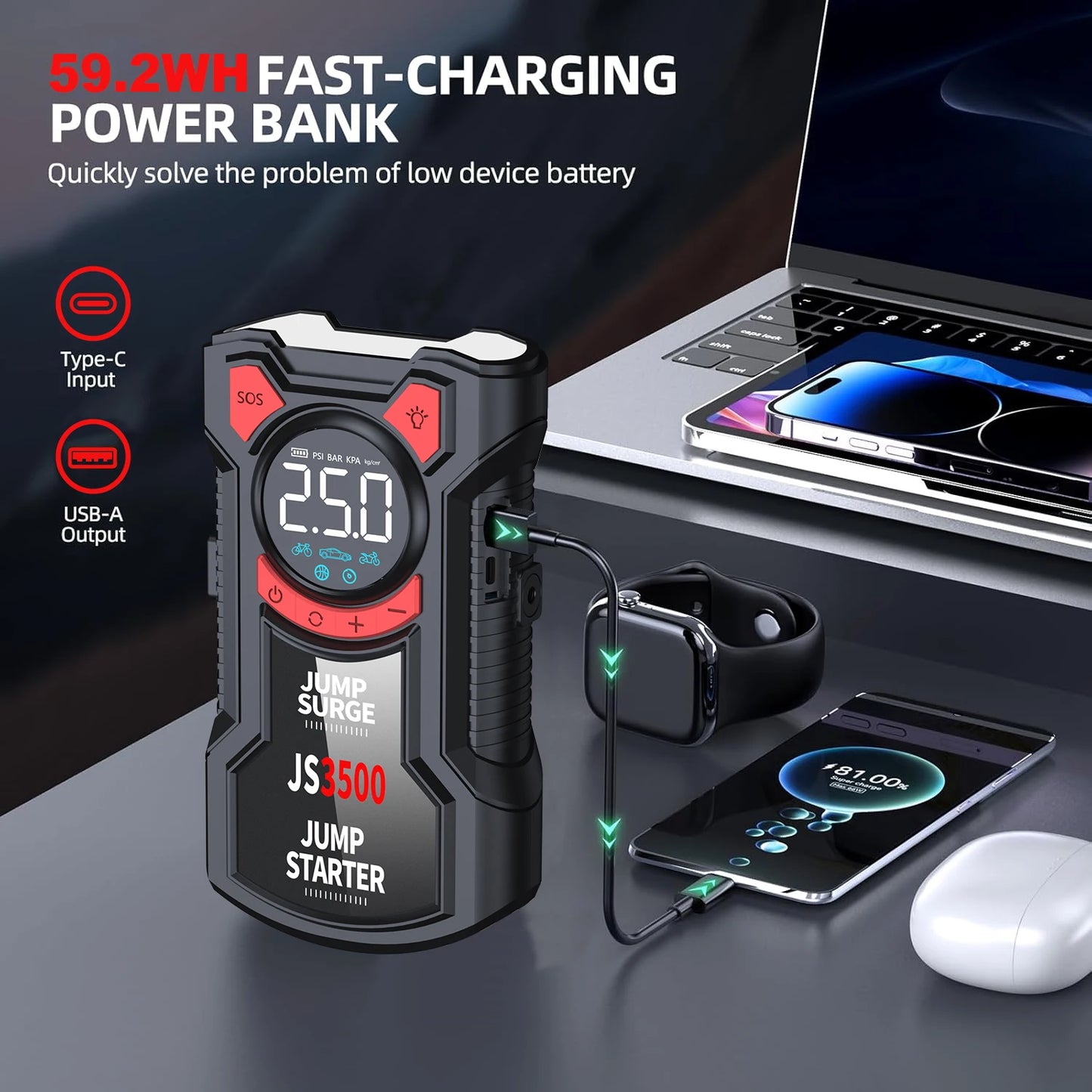 5 In 1 Jump Starter And Air Pump With Digital Tire Inflator For Cars And SUVs Portable Emergency Kit
