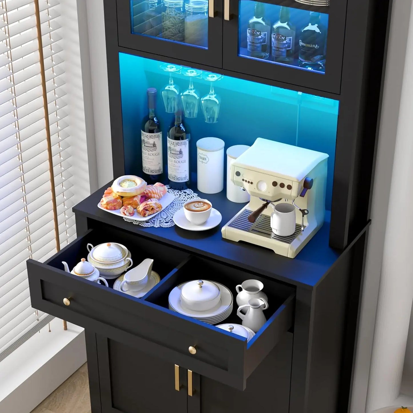 Black Kitchen Pantry Cabinet with LED Light, Power Outlets & Microwave Shelf, 72' Storage Cabinet