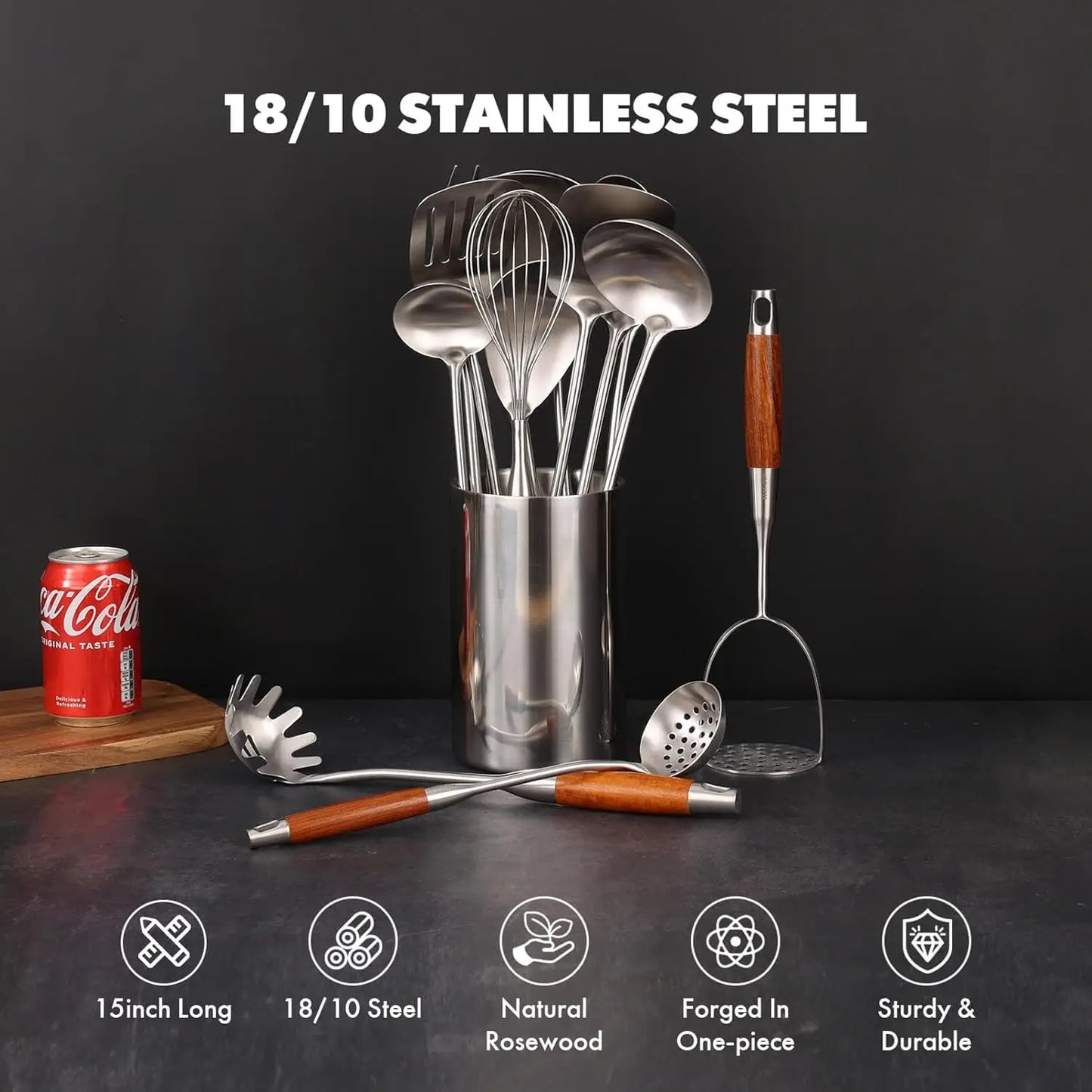 Stainless Steel Kitchen Utensil Set With Wooden Handles